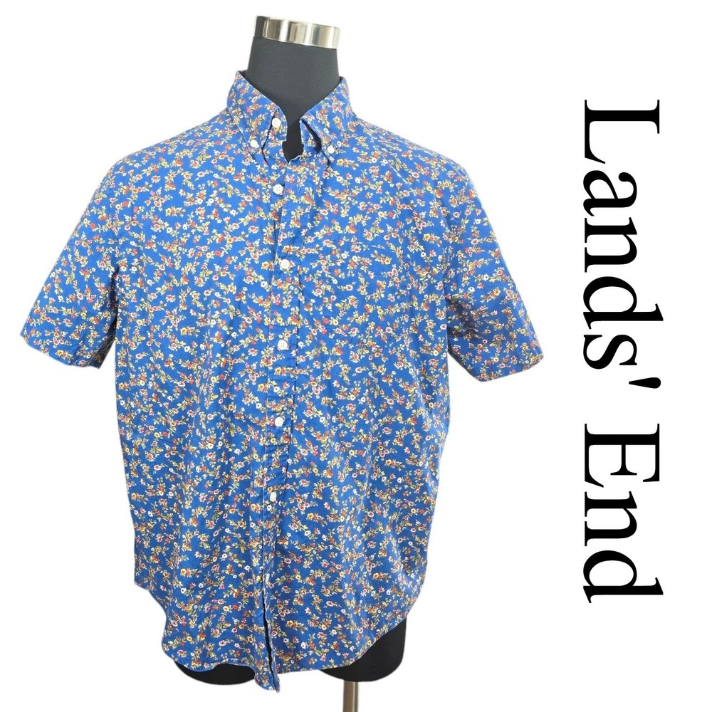 Lands' End Shirt Mens XL Blue Cotton Floral Short Sleeve Button Down Classic Fit